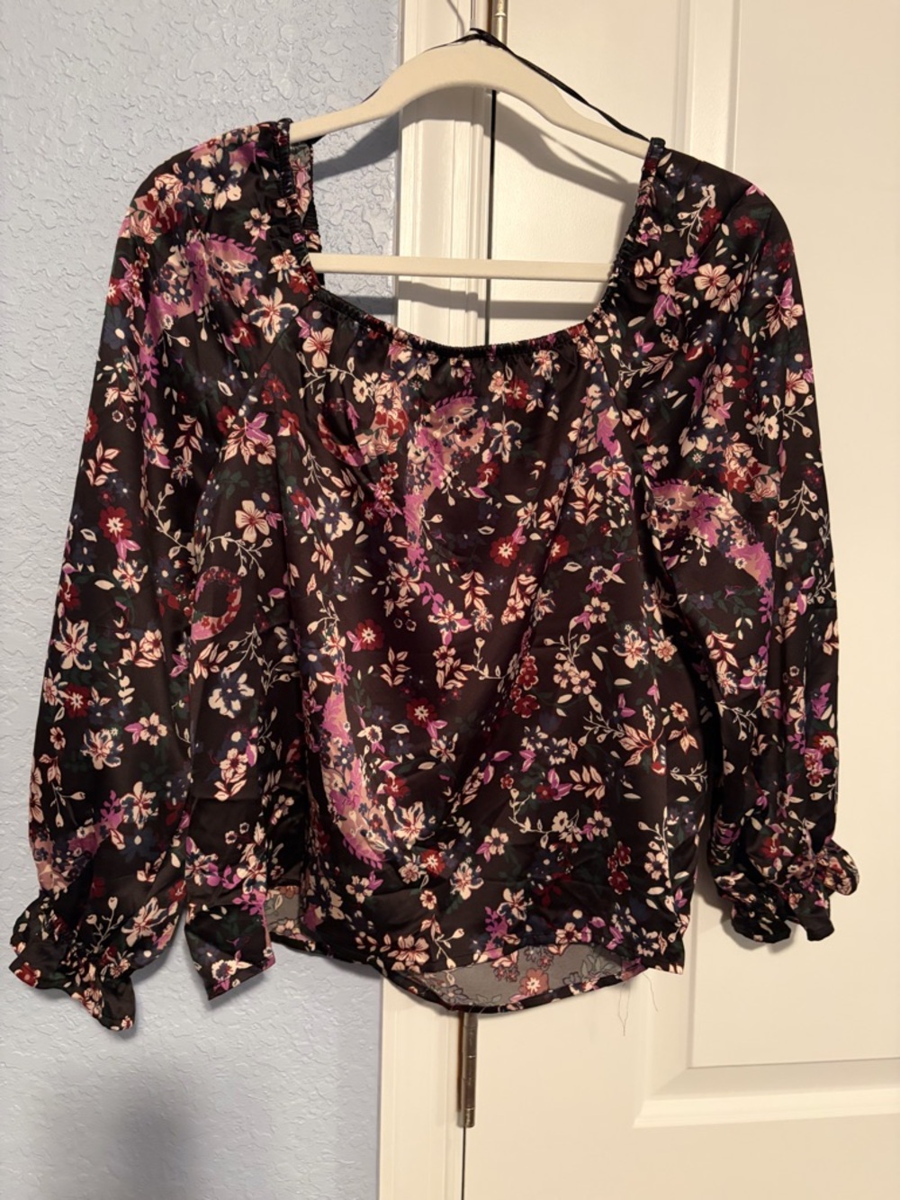 Silk Floral Peasant Blouse in Black and Purple - Women's Top - Picture 3 of 3